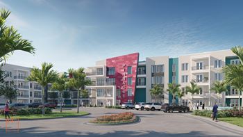 a rendering of an apartment building with a red facade on a street  at Pinnacle Apartments, Jacksonville, FL